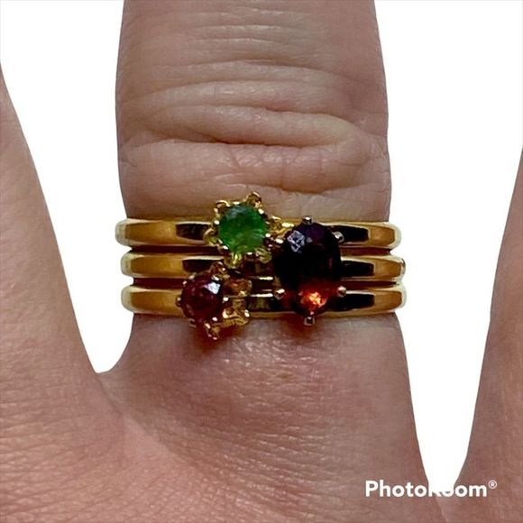 Gold Tone Gemstone Classic Fashion Stacking Mix and Match Ring Set - Picture 1 of 3
